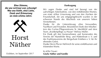 Traueranzeige von Horst Näther von Mitteldeutsche Zeitung Mansfelder Land