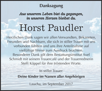 Traueranzeige von Horst Paudler von WVG - Wochenspiegel NMB / WSF / ZTZ