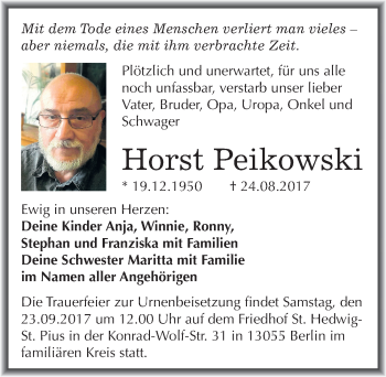 Traueranzeige von Horst Peikowski von Mitteldeutsche Zeitung Halle/Saalkreis