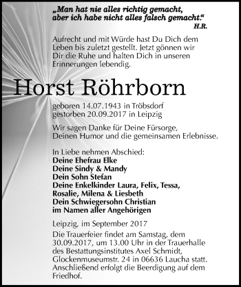 Traueranzeige von Horst Röhrborn von Mitteldeutsche Zeitung Naumburg/Nebra