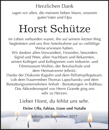 Traueranzeige von Horst Schütze von Mitteldeutsche Zeitung Bitterfeld