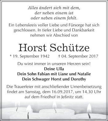 Traueranzeige von Horst Schütze von WVG - Wochenspiegel Bitterfeld