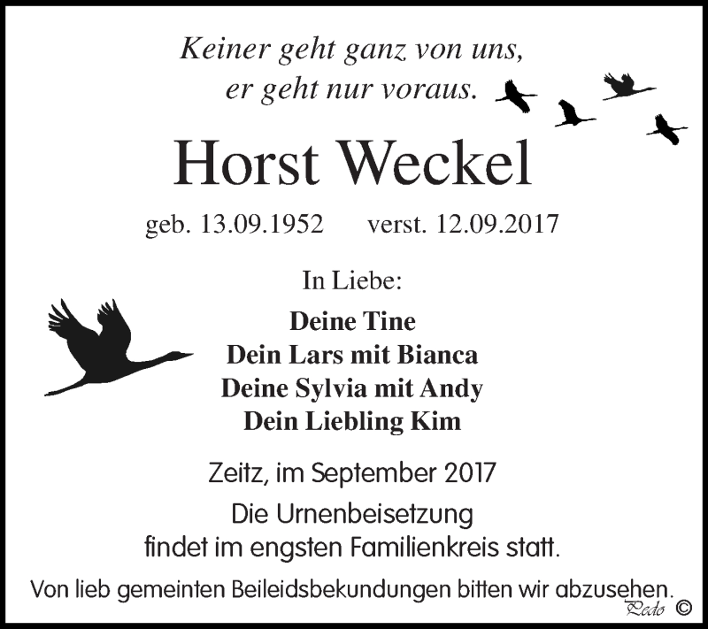  Traueranzeige für Horst Weckel vom 23.09.2017 aus Super Sonntag Zeitz