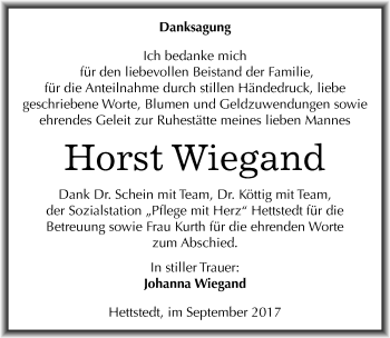 Traueranzeige von Horst Wiegand von Mitteldeutsche Zeitung Mansfelder Land