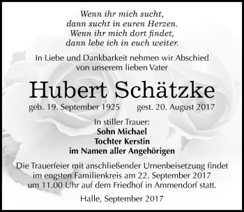 Traueranzeige von Hubert Schätzke von Mitteldeutsche Zeitung Halle/Saalkreis