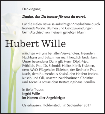 Traueranzeige von Hubert Wille von Mitteldeutsche Zeitung Mansfelder Land