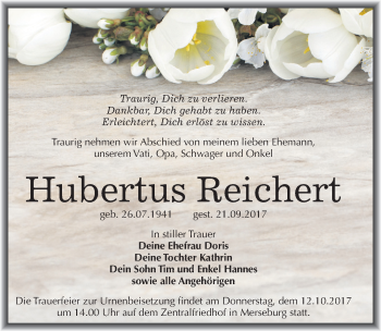 Traueranzeige von Hubertus Reichert von Mitteldeutsche Zeitung Merseburg/Querfurt
