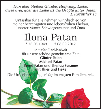 Traueranzeige von Ilona Patan von Mitteldeutsche Zeitung Halle/Saalkreis