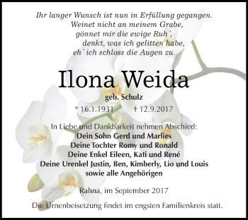 Traueranzeige von Ilona Weida von WVG - Wochenspiegel NMB / WSF / ZTZ