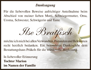 Traueranzeige von Ilse Bratfisch von Super Sonntag Zeitz