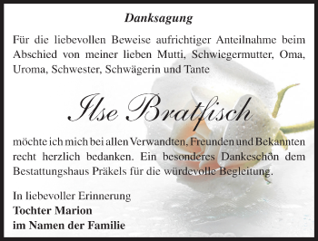 Traueranzeige von Ilse Bratfisch von Mitteldeutsche Zeitung Zeitz
