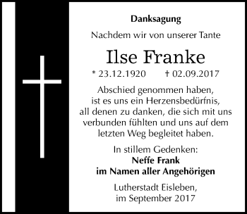 Traueranzeige von Ilse Franke von Mitteldeutsche Zeitung Mansfelder Land