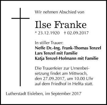 Traueranzeige von Ilse Franke von Mitteldeutsche Zeitung Mansfelder Land