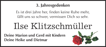 Traueranzeige von Ilse Klitzschmüller von WVG - Wochenspiegel NMB / WSF / ZTZ