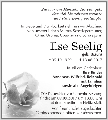Traueranzeige von Ilse Seelig von Wochenspiegel Mansfelder Land