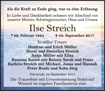 Traueranzeige von Ilse Streich von Mitteldeutsche Zeitung Quedlinburg