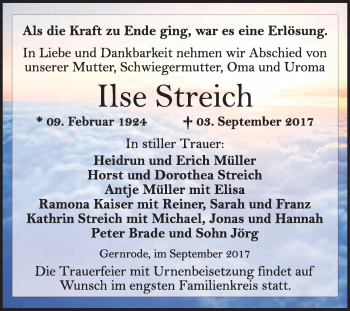 Traueranzeige von Ilse Streich von WVG - Wochenspiegel Quedlinburg