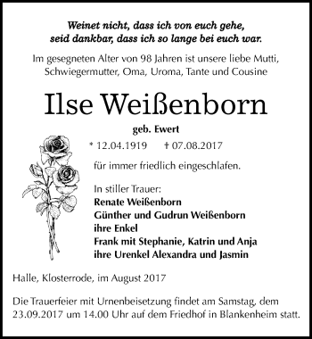 Traueranzeige von Ilse Weißenborn von Mitteldeutsche Zeitung Sangerhausen