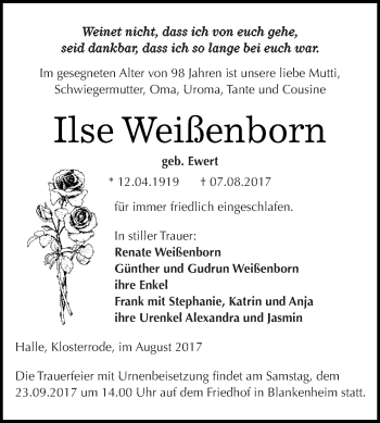 Traueranzeige von Ilse Weißenborn von Super Sonntag SGH Mansf. Land
