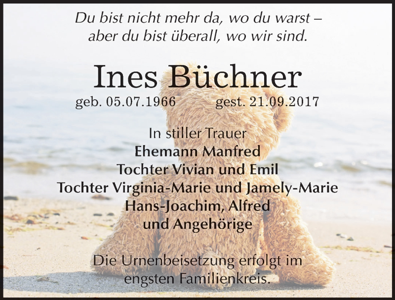  Traueranzeige für Ines Büchner vom 30.09.2017 aus Mitteldeutsche Zeitung Bernburg