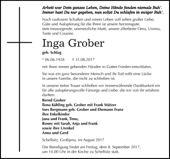 Traueranzeige von Inga Grober von Mitteldeutsche Zeitung Naumburg/Nebra