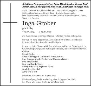 Traueranzeige von Inga Grober von WVG - Wochenspiegel NMB / WSF / ZTZ