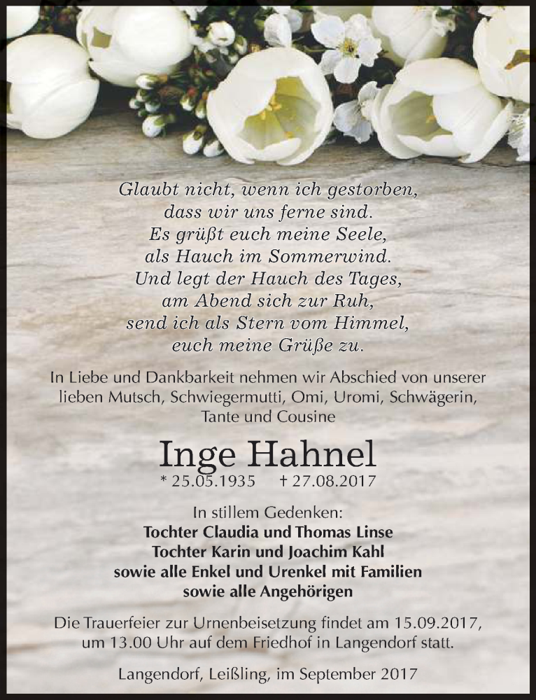  Traueranzeige für Inge Hahnel vom 09.09.2017 aus Mitteldeutsche Zeitung Weißenfels