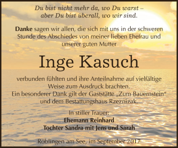Traueranzeige von Inge Kasuch von Super Sonntag SGH Mansf. Land