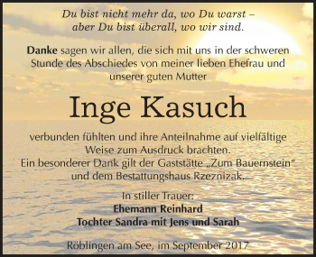 Traueranzeige von Inge Kasuch von Mitteldeutsche Zeitung Mansfelder Land