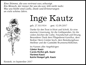 Traueranzeige von Inge Kautz von Mitteldeutsche Zeitung Sangerhausen