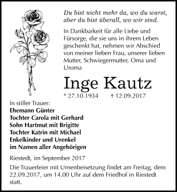 Traueranzeige von Inge Kautz von Mitteldeutsche Zeitung Sangerhausen