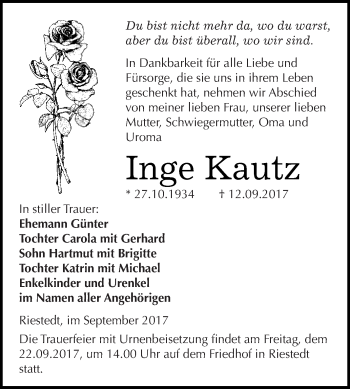 Traueranzeige von Inge Kautz von WVG - Wochenspiegel SGH