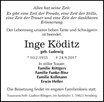 Traueranzeige von Inge Köditz von Mitteldeutsche Zeitung Wittenberg