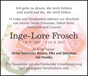 Traueranzeige von Inge-Lore Frosch von Mitteldeutsche Zeitung Halle/Saalkreis