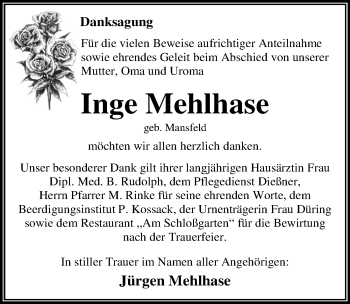 Traueranzeige von Inge Mehlhase von Mitteldeutsche Zeitung Dessau-Roßlau