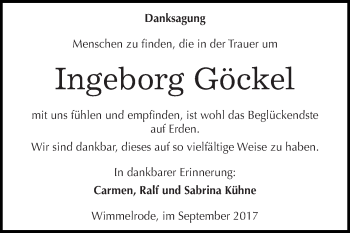 Traueranzeige von Ingeborg Göckel von Super Sonntag SGH Mansf. Land