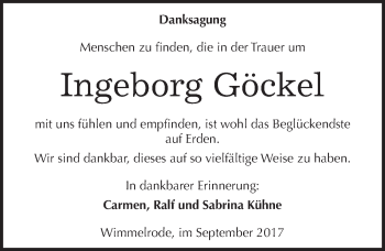 Traueranzeige von Ingeborg Göckel von Mitteldeutsche Zeitung Mansfelder Land