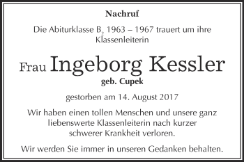 Traueranzeige von Ingeborg Kessler von WVG - Wochenspiegel Bitterfeld