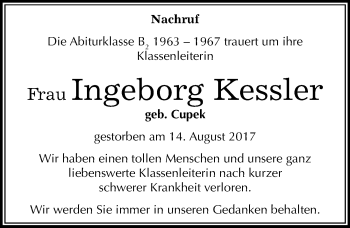 Traueranzeige von Ingeborg Kessler von Mitteldeutsche Zeitung Bitterfeld