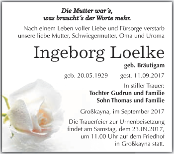 Traueranzeige von Ingeborg Loelke von WVG - Wochenspiegel Merseburg