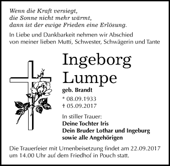 Traueranzeige von Ingeborg Lumpe von Mitteldeutsche Zeitung Bitterfeld
