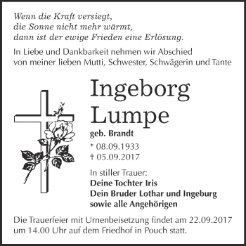 Traueranzeige von Ingeborg Lumpe von WVG - Wochenspiegel Bitterfeld