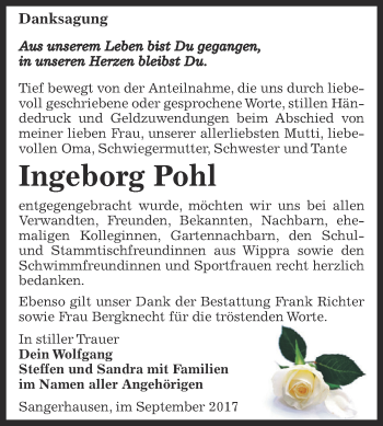 Traueranzeige von Ingeborg Pohl von Super Sonntag SGH Mansf. Land