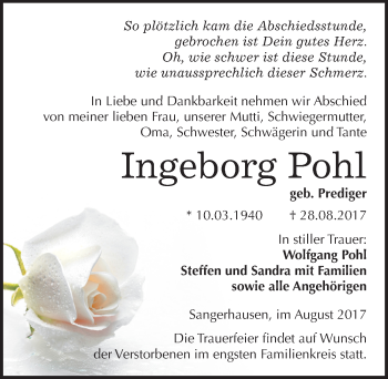 Traueranzeige von Ingeborg Pohl von Mitteldeutsche Zeitung Sangerhausen