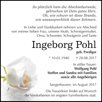 Traueranzeige von Ingeborg Pohl von Super Sonntag SGH Mansf. Land