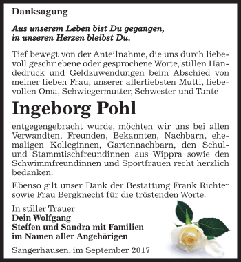 Traueranzeige von Ingeborg Pohl von Mitteldeutsche Zeitung Sangerhausen