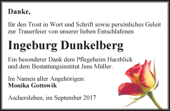 Traueranzeige von Ingeburg Dunkelberg von Mitteldeutsche Zeitung Aschersleben