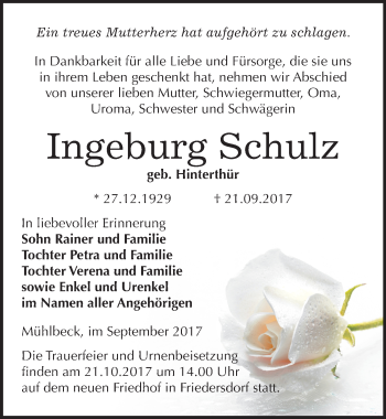 Traueranzeige von Ingeburg Schulz von Mitteldeutsche Zeitung Bitterfeld