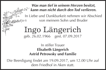 Traueranzeige von Ingo Längerich von WVG - Wochenspiegel Dessau / Köthen