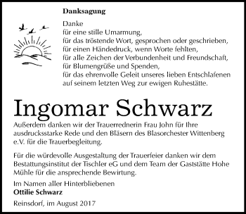 Traueranzeige von Ingomar Schwarz von Mitteldeutsche Zeitung Wittenberg